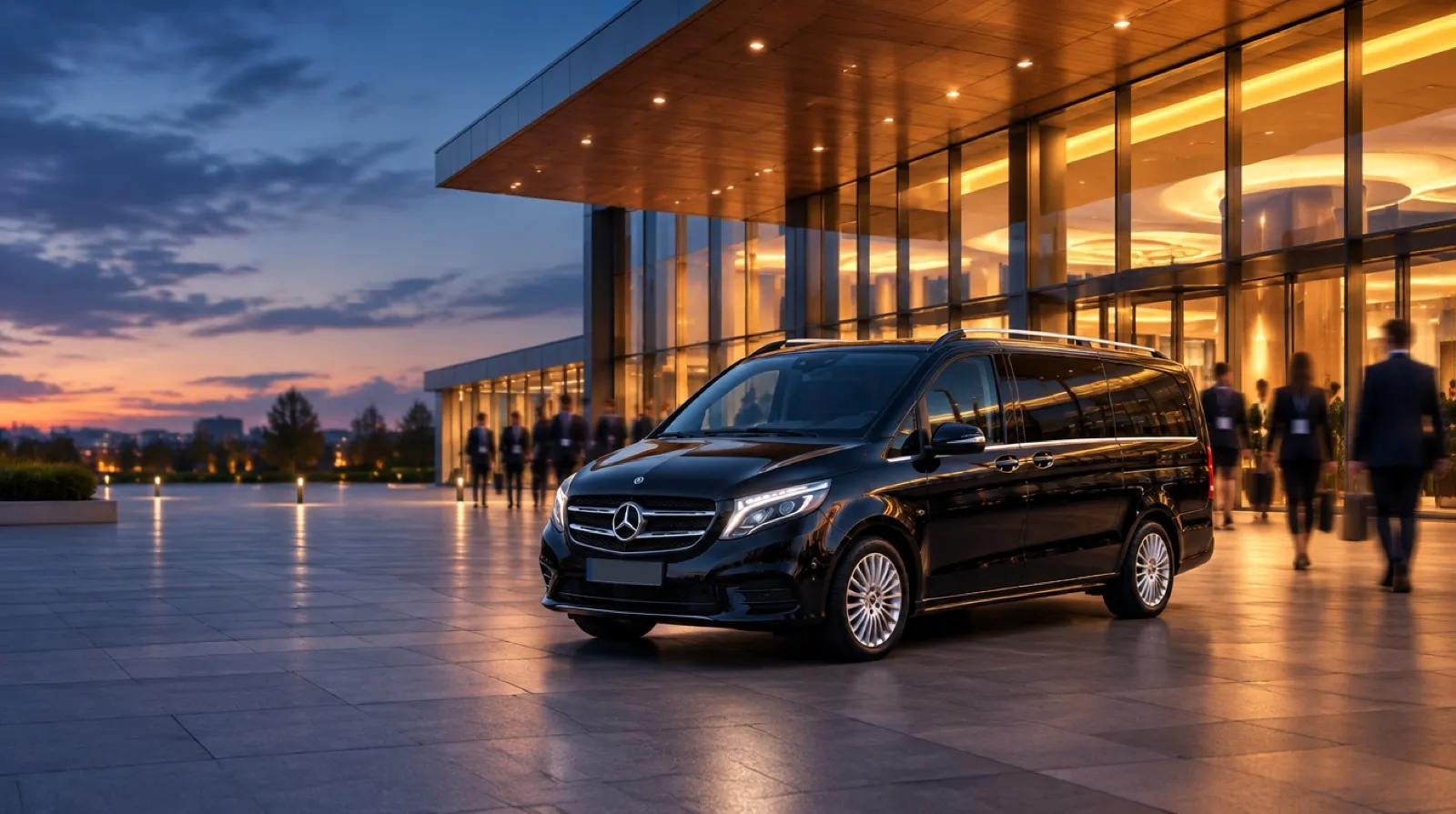 Schwarzer Mercedes-Van von Strasbourg Van, bereit für eine Gruppe
